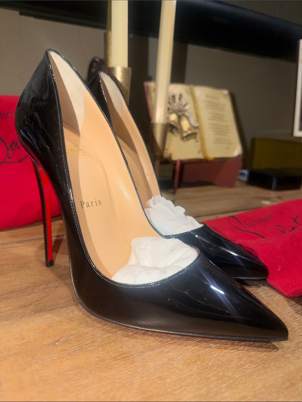 Authentic Christian Louboutin Black Patent Pointed-Toe Stiletto Pumps